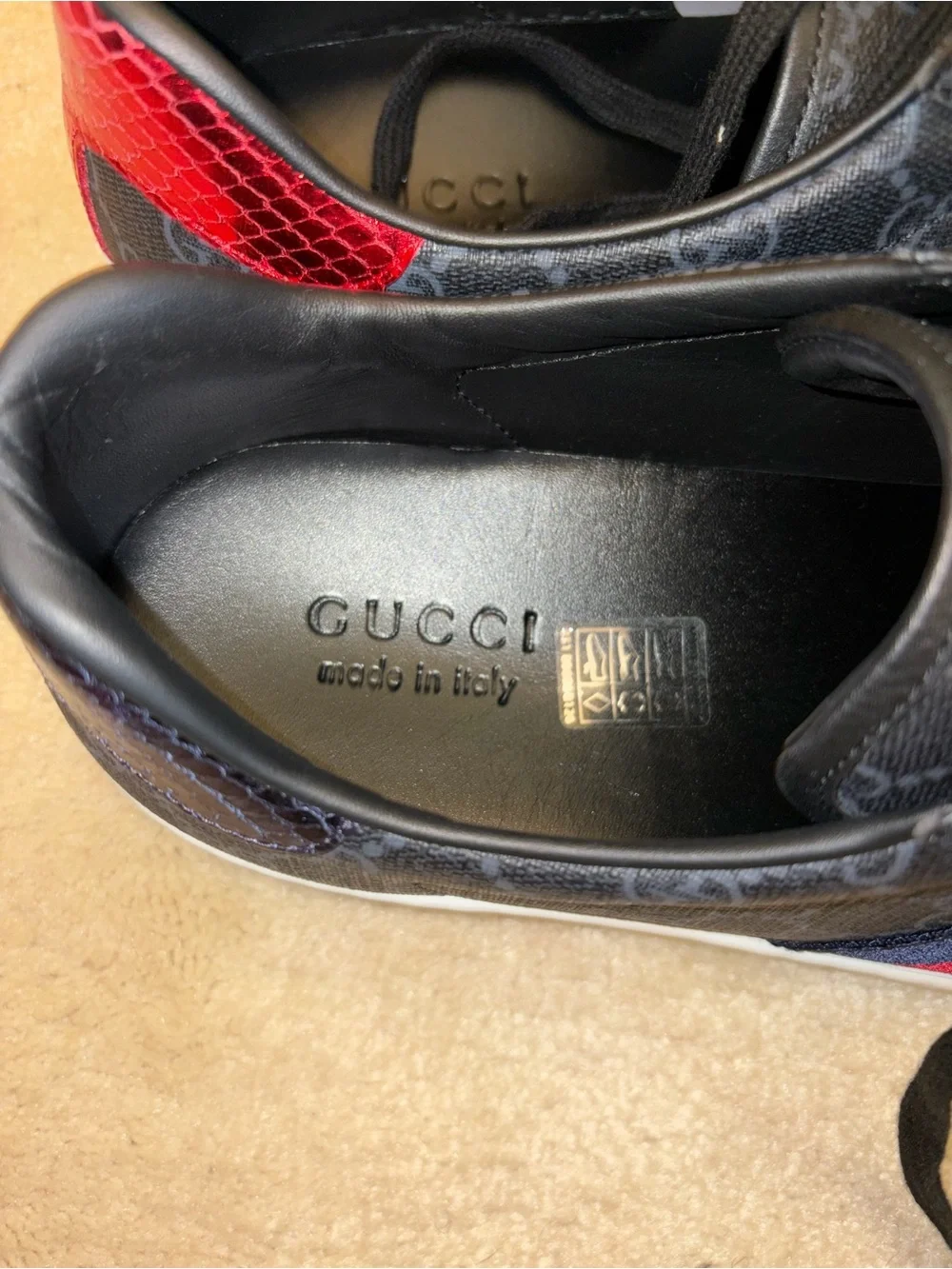 Gucci Black GG Canvas Sneaker with Red & Navy Web Stripe